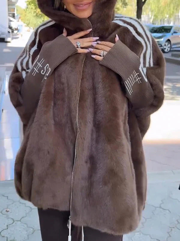 Women Plush Hooded Vertical Stripe Printed Casual Coat