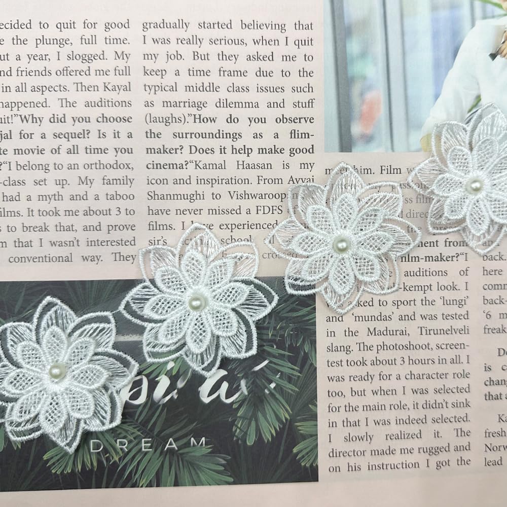 1 Yard Flower Lace Edge Trim Flower with White Pearl Beads Embroidered Lace Ribbon Floral Fabric Applique for Wedding Dress Bridal Headpiece Decoration Bridal DIY Handmade Sewing Craft (Khaki)