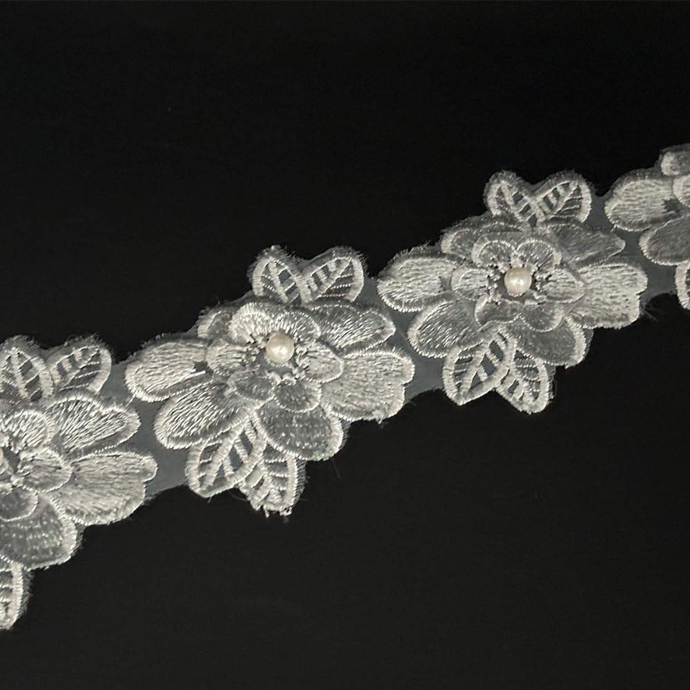1 Yard Flower Lace Trim Flowers with Pearl Beads Embroidered Edge Trim Fabric Floral Appliques Lace Ribbon for Wedding Dress Clothes Decoration DIY Handmade Sewing Craft (Black)