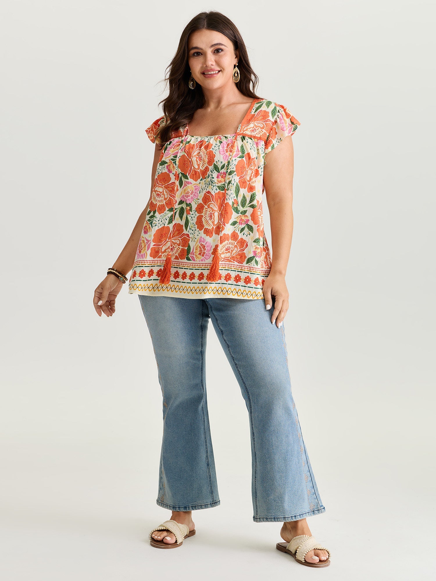 Vibrant Floral Print Flutter Sleeve Blouse