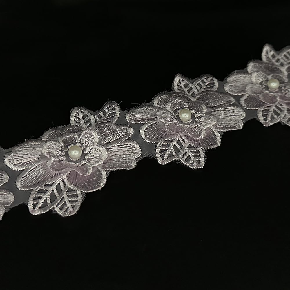 1 Yard Flower Lace Trim Flowers with Pearl Beads Embroidered Edge Trim Fabric Floral Appliques Lace Ribbon for Wedding Dress Clothes Decoration DIY Handmade Sewing Craft (Black)