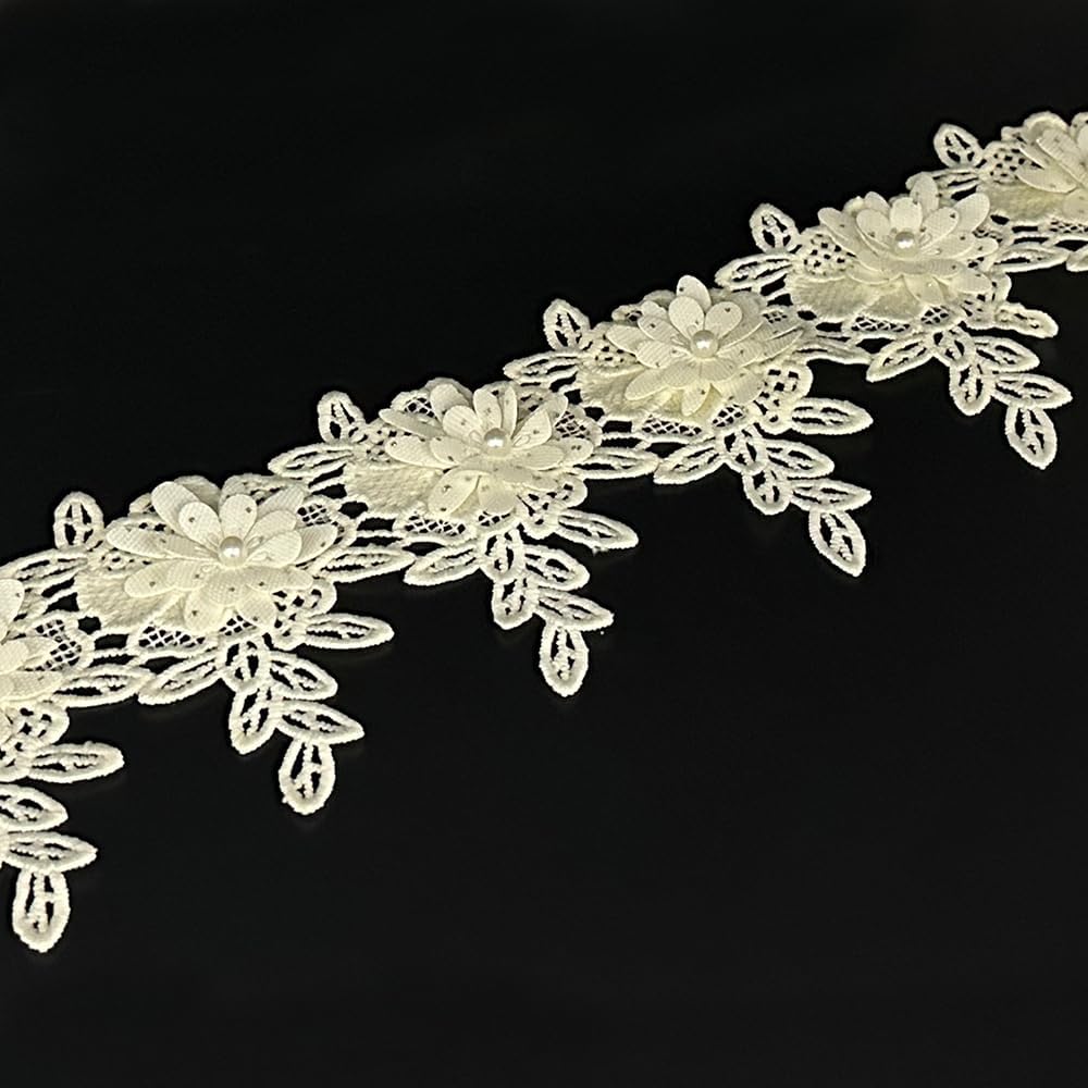 1 Yard White Flower Pearl Beads Lace Edge Trim Ribbon Floral Appliques Embroidered Fabric Sewing Lace for Wedding Bridal Dress Clothes Costume Hat Decoration (White, 1 Yard)