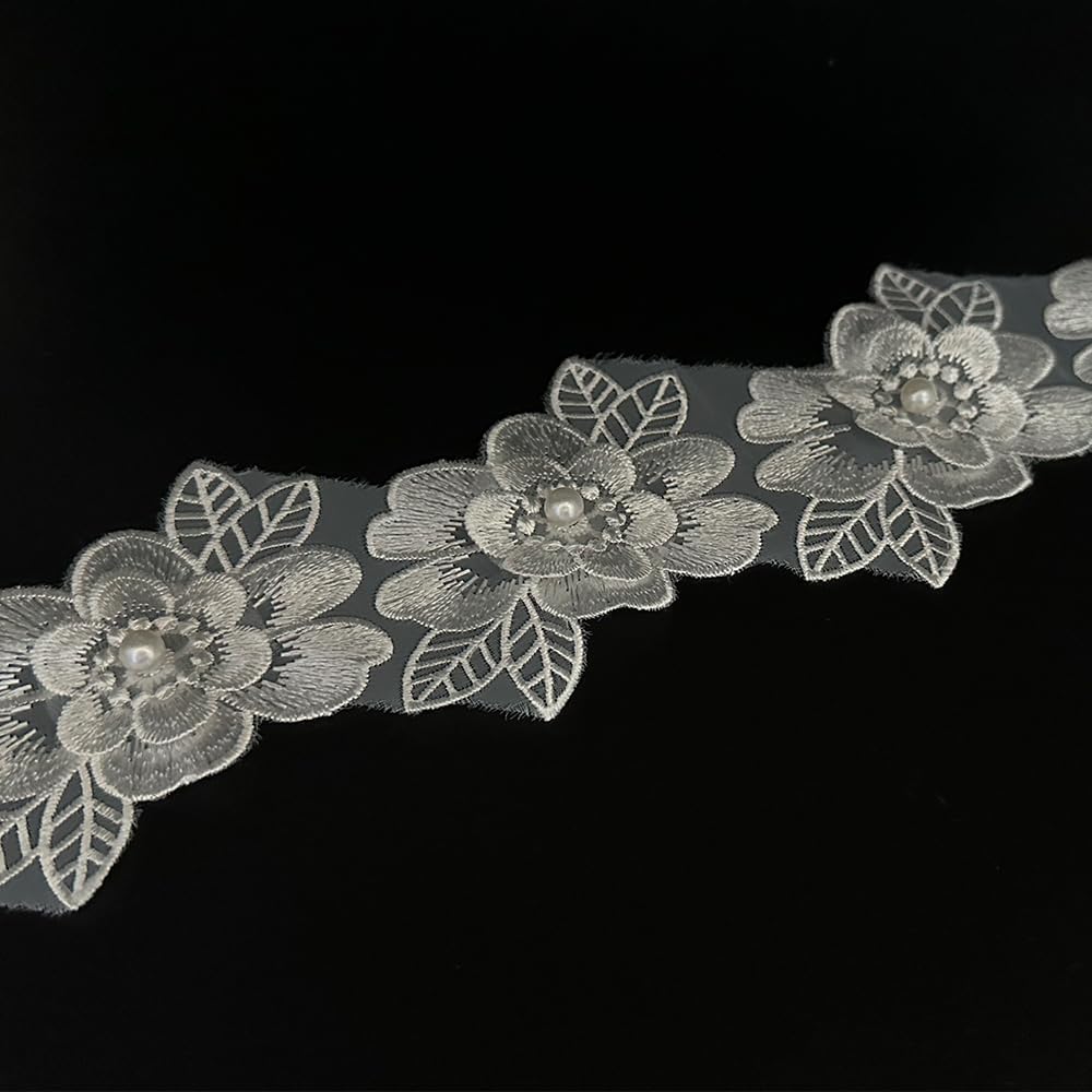 1 Yard Flower Lace Trim Flowers with Pearl Beads Embroidered Edge Trim Fabric Floral Appliques Lace Ribbon for Wedding Dress Clothes Decoration DIY Handmade Sewing Craft (Black)