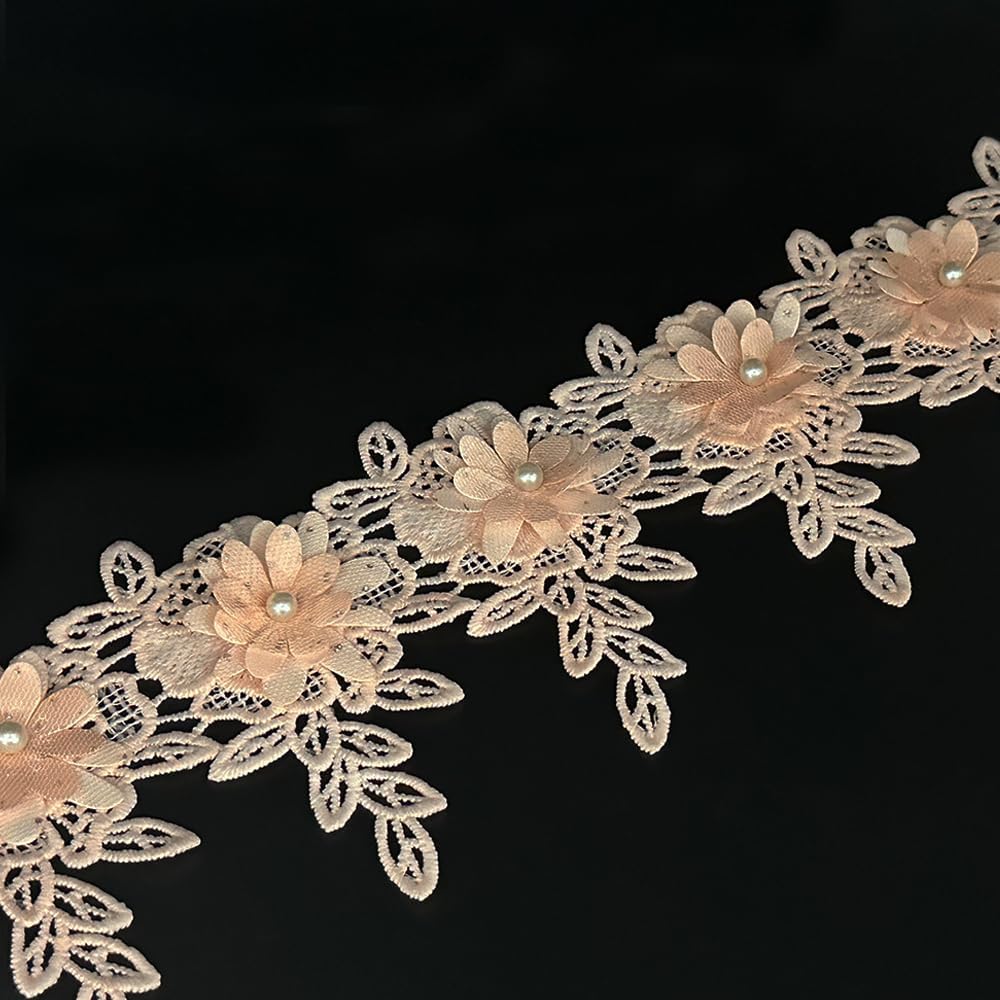 1 Yard White Flower Pearl Beads Lace Edge Trim Ribbon Floral Appliques Embroidered Fabric Sewing Lace for Wedding Bridal Dress Clothes Costume Hat Decoration (White, 1 Yard)