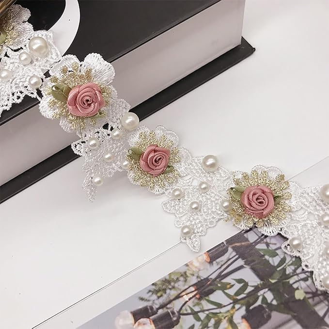 1 Yard Floral Pearl Lace Trim, 2" Width Vintage Embroidered Applique Ribbon, for Sewing Bridal Dress, DIY Party Decor Clothes, Wedding Decoration