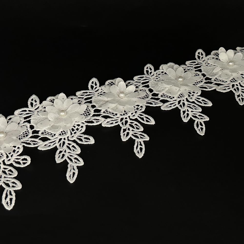 1 Yard White Flower Pearl Beads Lace Edge Trim Ribbon Floral Appliques Embroidered Fabric Sewing Lace for Wedding Bridal Dress Clothes Costume Hat Decoration (White, 1 Yard)