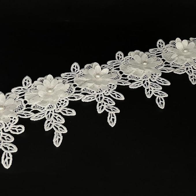 1 Yard White Flower Pearl Beads Lace Edge Trim Ribbon Floral Appliques Embroidered Fabric Sewing Lace for Wedding Bridal Dress Clothes Costume Hat Decoration (White, 1 Yard)