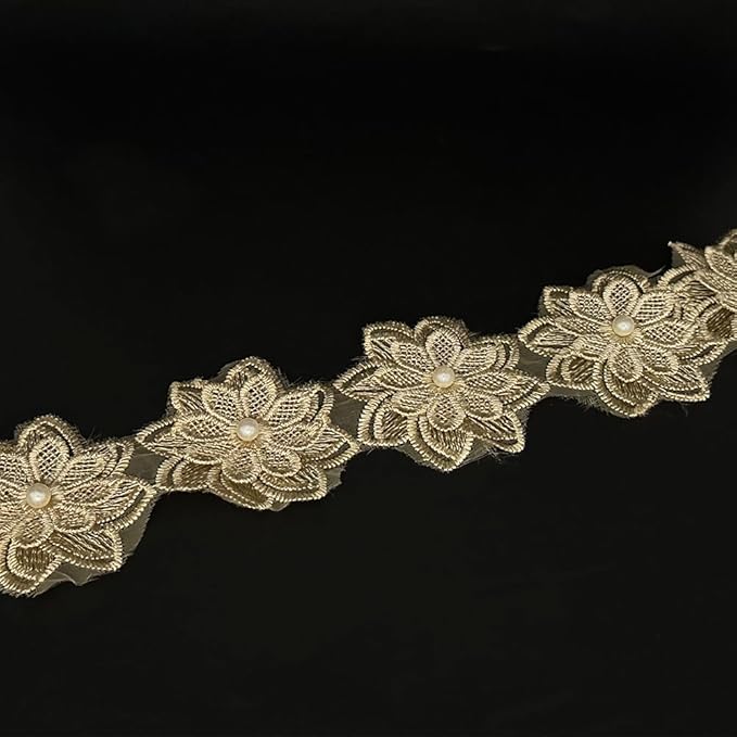1 Yard Flower Lace Edge Trim Flower with White Pearl Beads Embroidered Lace Ribbon Floral Fabric Applique for Wedding Dress Bridal Headpiece Decoration Bridal DIY Handmade Sewing Craft (Khaki)