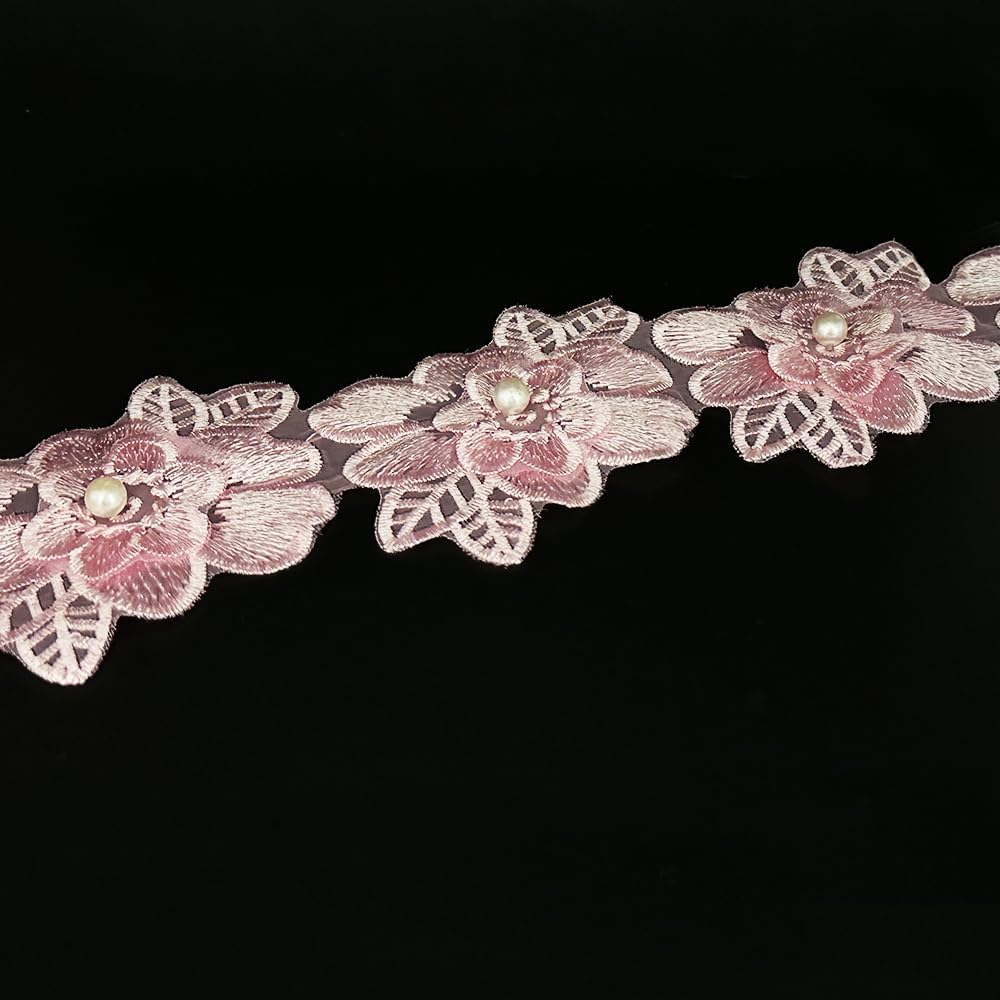 1 Yard Flower Lace Trim Flowers with Pearl Beads Embroidered Edge Trim Fabric Floral Appliques Lace Ribbon for Wedding Dress Clothes Decoration DIY Handmade Sewing Craft (Black)