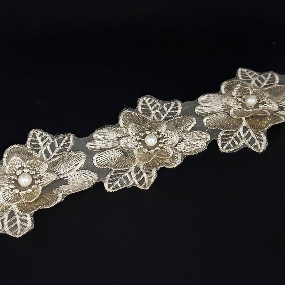 1 Yard Flower Lace Trim Flowers with Pearl Beads Embroidered Edge Trim Fabric Floral Appliques Lace Ribbon for Wedding Dress Clothes Decoration DIY Handmade Sewing Craft (Black)