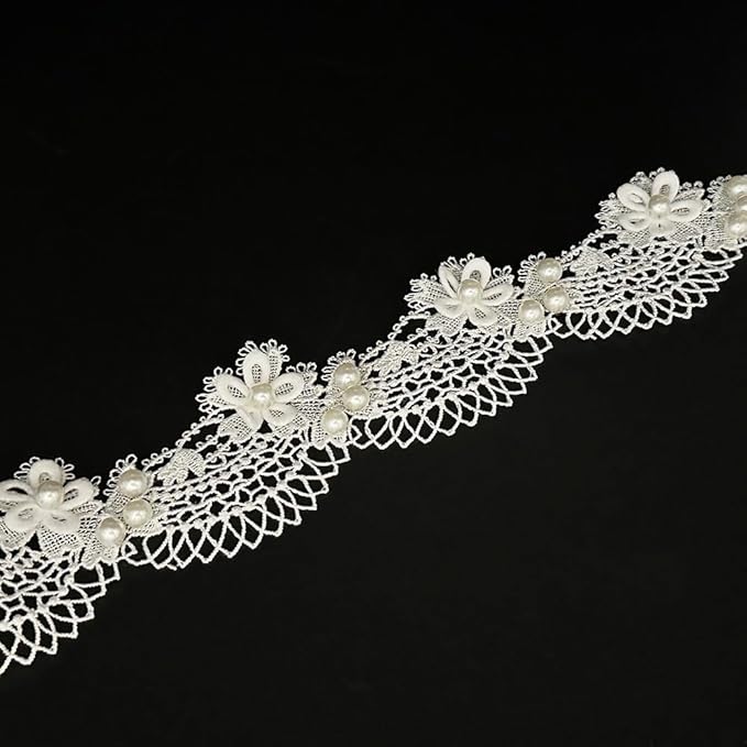 1 Yard Flower with Pearl Beads Lace Edge Trim Elegant Floral Embroidered Sewing Lace Applique for Wedding Bridal Dress Clothes Costume Hat Party Toy Doll Decoration (White, 1 Yard)