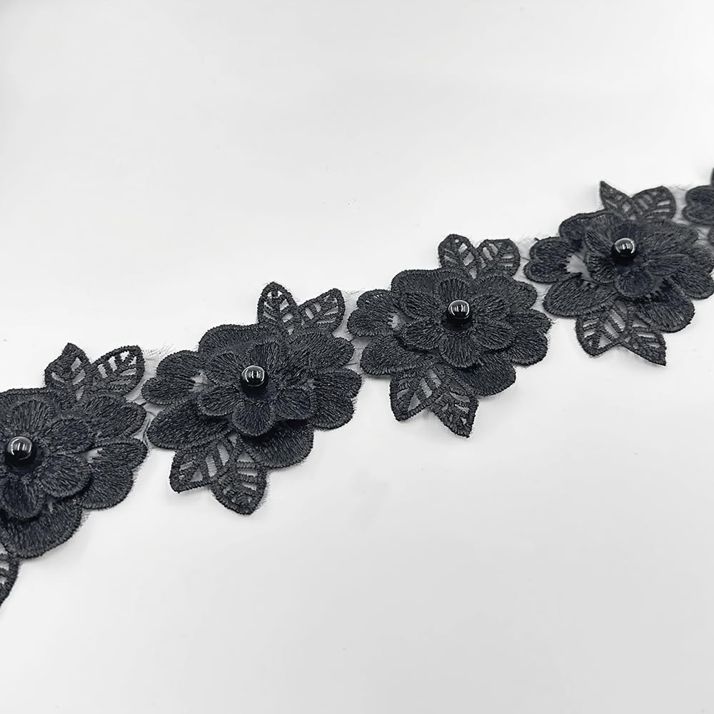1 Yard Flower Lace Trim Flowers with Pearl Beads Embroidered Edge Trim Fabric Floral Appliques Lace Ribbon for Wedding Dress Clothes Decoration DIY Handmade Sewing Craft (Black)