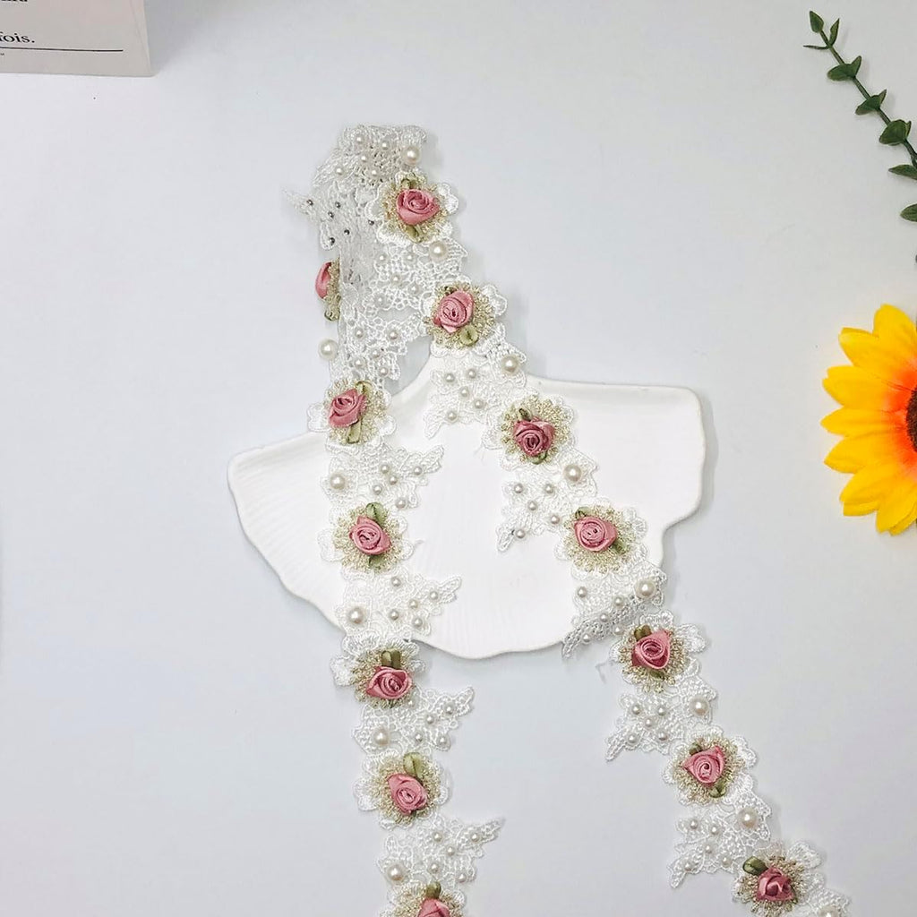 1 Yard Floral Pearl Lace Trim, 2" Width Vintage Embroidered Applique Ribbon, for Sewing Bridal Dress, DIY Party Decor Clothes, Wedding Decoration