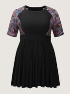 Floral Color Contrast Pockets Swim Dress