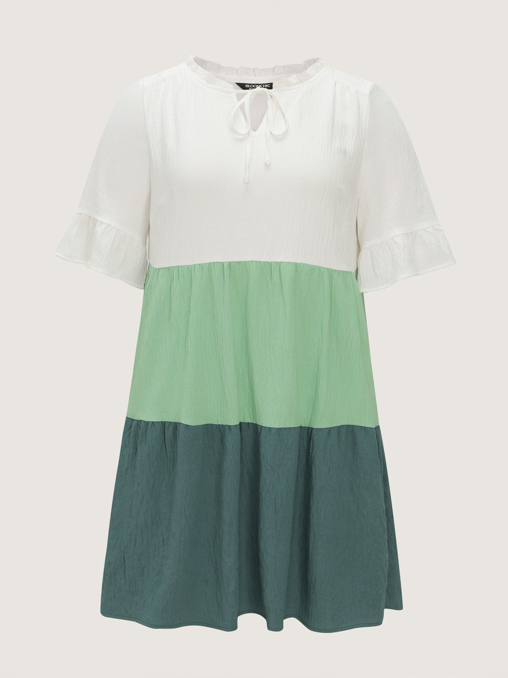 Colorblock Drawstring Neckline Tiered Mini Dress