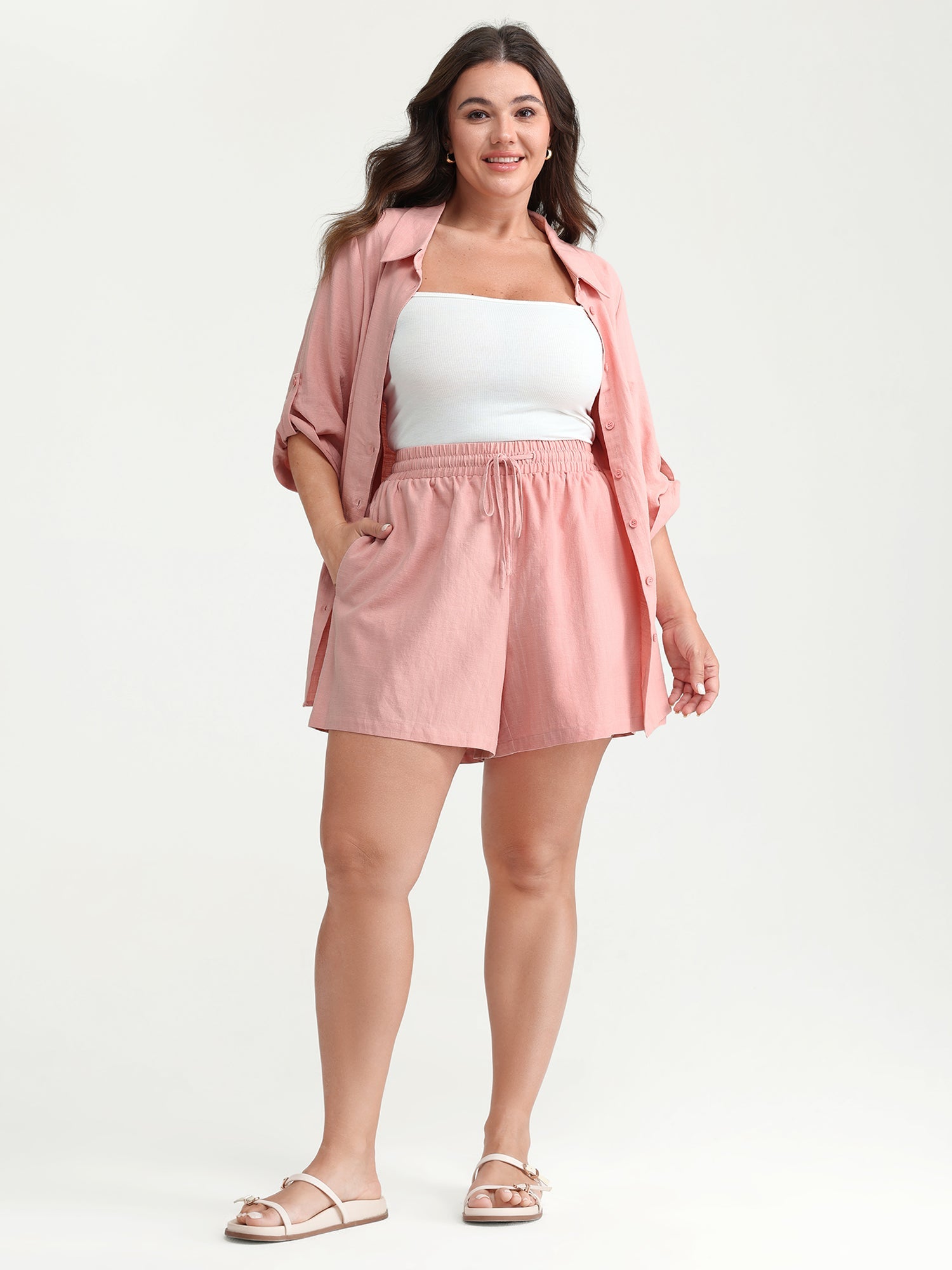 Plain Drawstring Elastic Waist Pockets Shorts