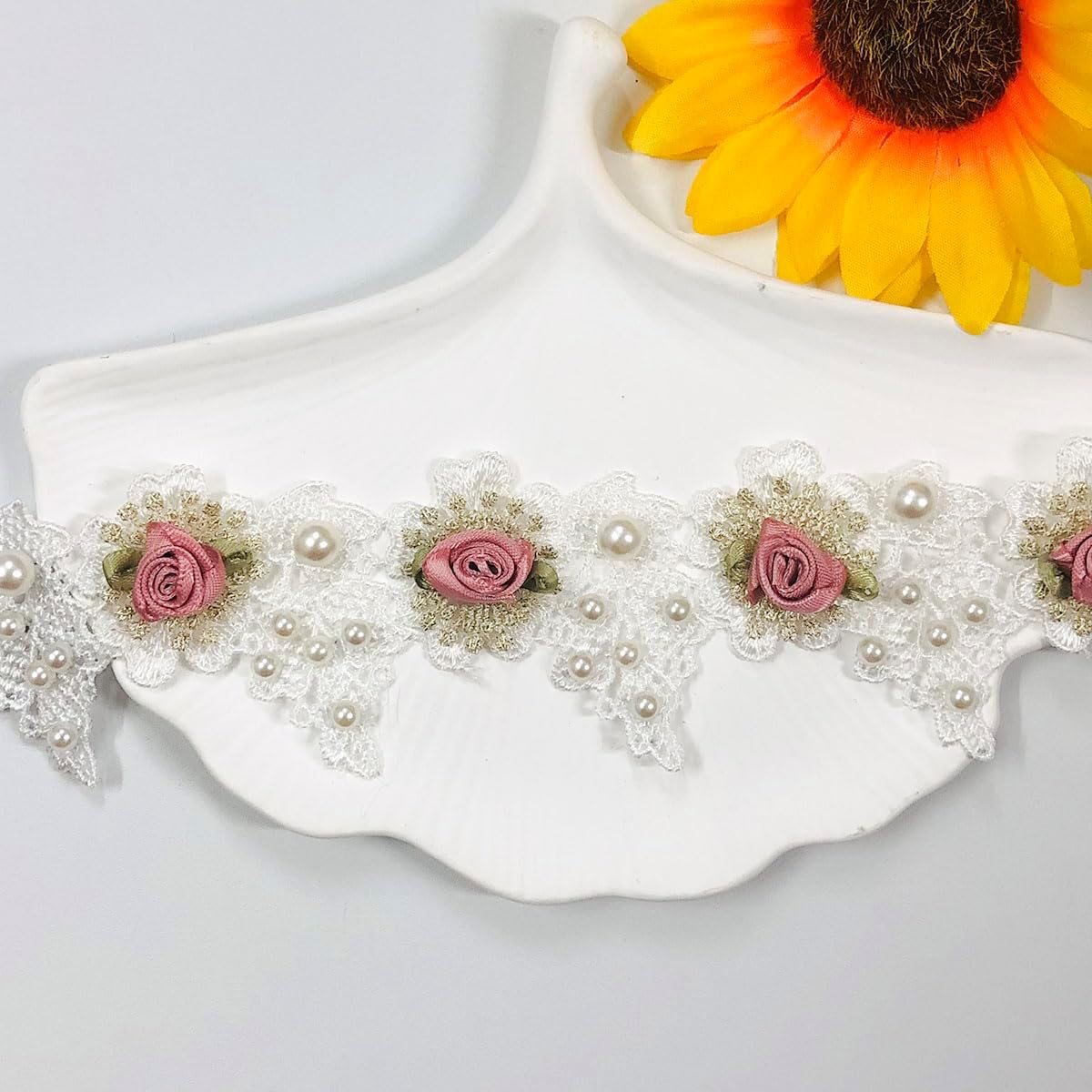 1 Yard Floral Pearl Lace Trim, 2" Width Vintage Embroidered Applique Ribbon, for Sewing Bridal Dress, DIY Party Decor Clothes, Wedding Decoration