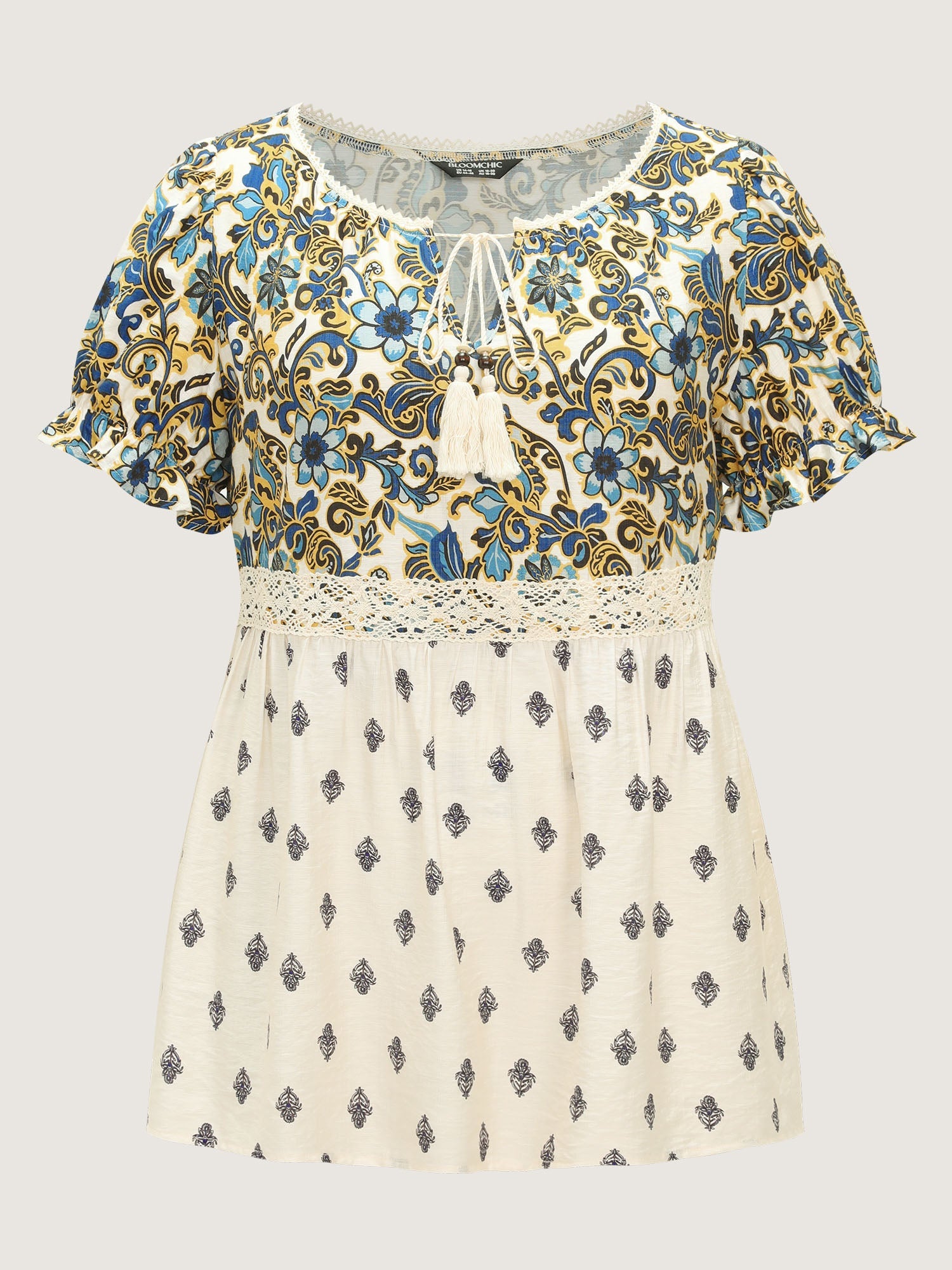 Floral Print Lace Neckline Flowy Blouse