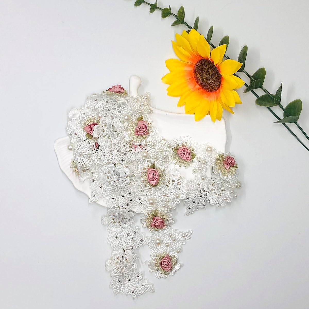 1 Yard Floral Pearl Lace Trim, 2" Width Vintage Embroidered Applique Ribbon, for Sewing Bridal Dress, DIY Party Decor Clothes, Wedding Decoration