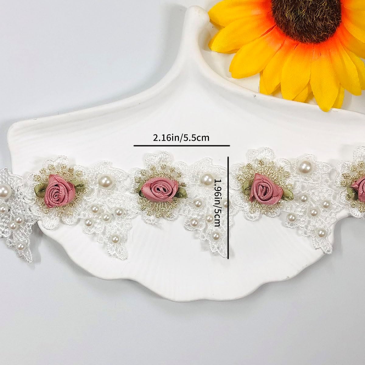 1 Yard Floral Pearl Lace Trim, 2" Width Vintage Embroidered Applique Ribbon, for Sewing Bridal Dress, DIY Party Decor Clothes, Wedding Decoration
