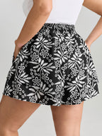 Floral Print Shirred Waist Textured Shorts