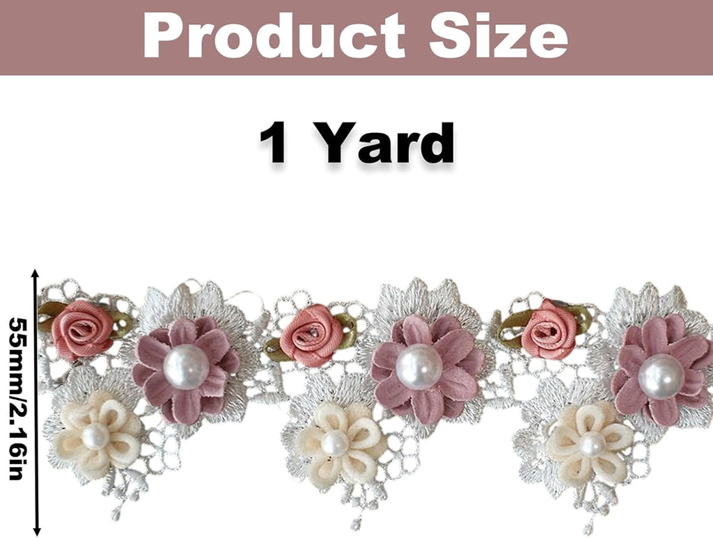 1 Yard Baroque Lace Flowers Pearls Ribbons, Vintage Rose Pearl Ribbons, Elegant Lace Floral Decoration for Sewing Hairstyles Bows Handicrafts Wedding Dresses Curtain