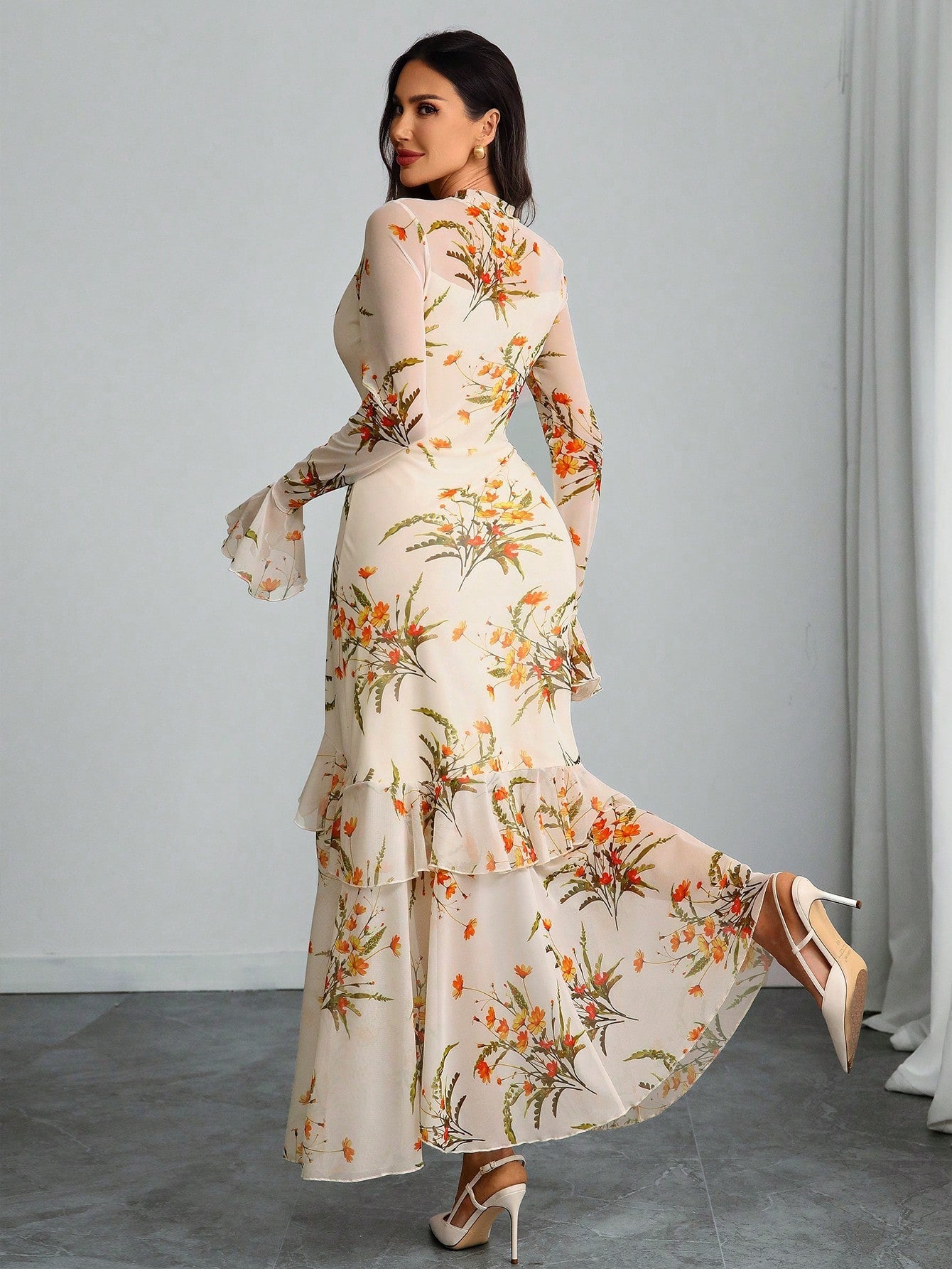 Women's Gothic Elegant Sexy Mesh Splicing Colorful Print Retro Petal Sleeves Ruffle Mermaid Hem Double Layer Dress