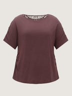 Lace Trim Plain Curvy Hem Knit Top