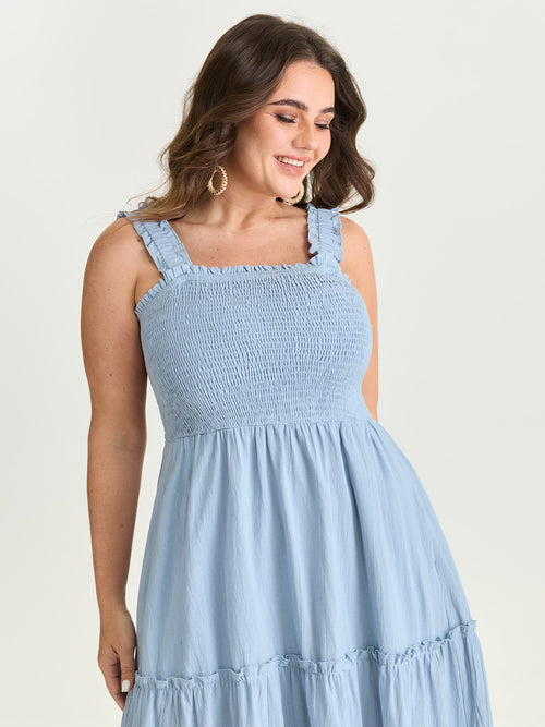 Cotton Shirred Bodice Ruffled Straps Plain Maxi Dress