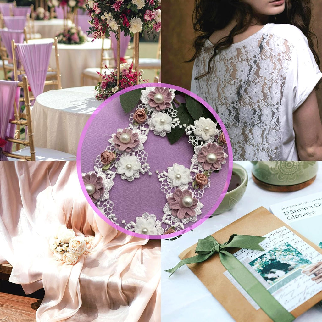 1 Yard Baroque Lace Flowers Pearls Ribbons, Vintage Rose Pearl Ribbons, Elegant Lace Floral Decoration for Sewing Hairstyles Bows Handicrafts Wedding Dresses Curtain