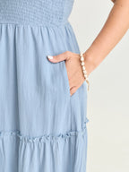 Cotton Shirred Bodice Ruffled Straps Plain Maxi Dress