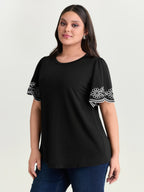 Stretchy Embroidered Sleeve Plain T-Shirt