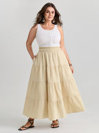 Shirred Wide Waistband Tiered Maxi Skirt