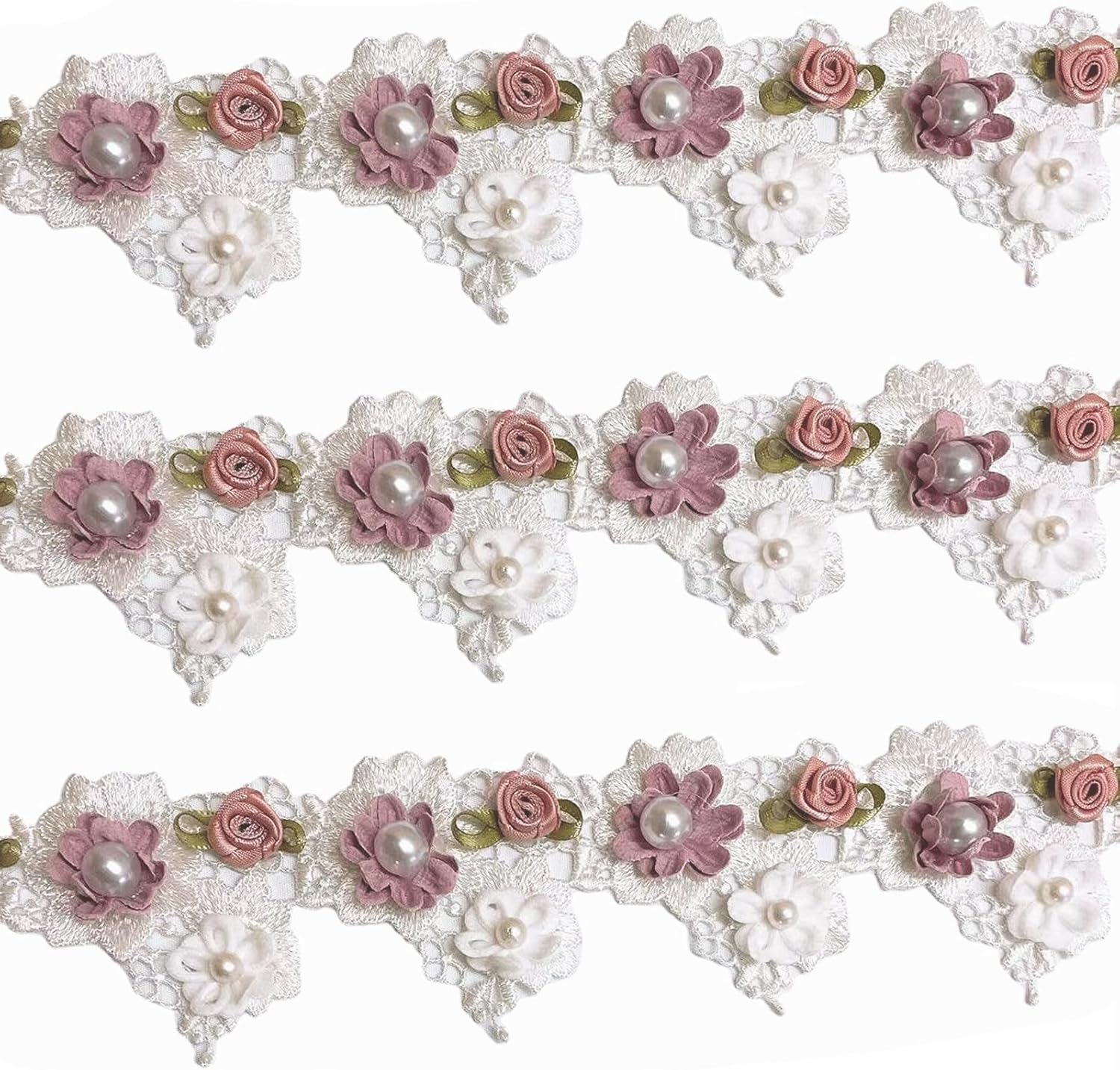 1 Yard Baroque Lace Flowers Pearls Ribbons, Vintage Rose Pearl Ribbons, Elegant Lace Floral Decoration for Sewing Hairstyles Bows Handicrafts Wedding Dresses Curtain