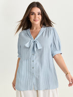 Cotton Bowknot Neckline Button-Down Blouse