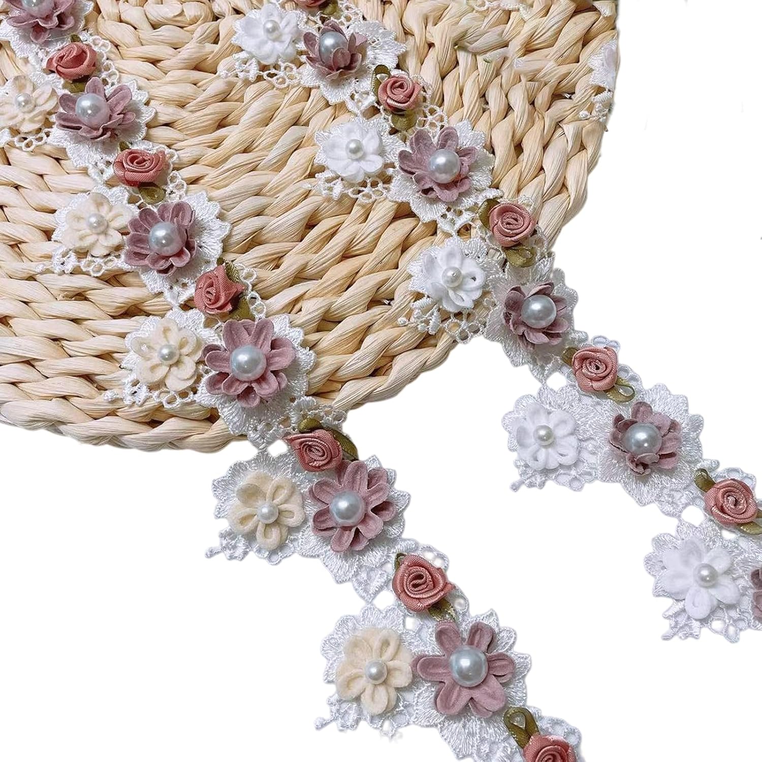 1 Yard Baroque Lace Flowers Pearls Ribbons, Vintage Rose Pearl Ribbons, Elegant Lace Floral Decoration for Sewing Hairstyles Bows Handicrafts Wedding Dresses Curtain
