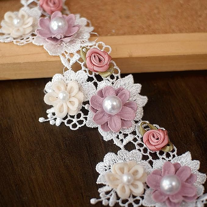 1 Yard Baroque Lace Flowers Pearls Ribbons, Vintage Rose Pearl Ribbons, Elegant Lace Floral Decoration for Sewing Hairstyles Bows Handicrafts Wedding Dresses Curtain