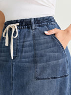 Stretchy Contrast Drawstring Waist Midi Denim Skirt