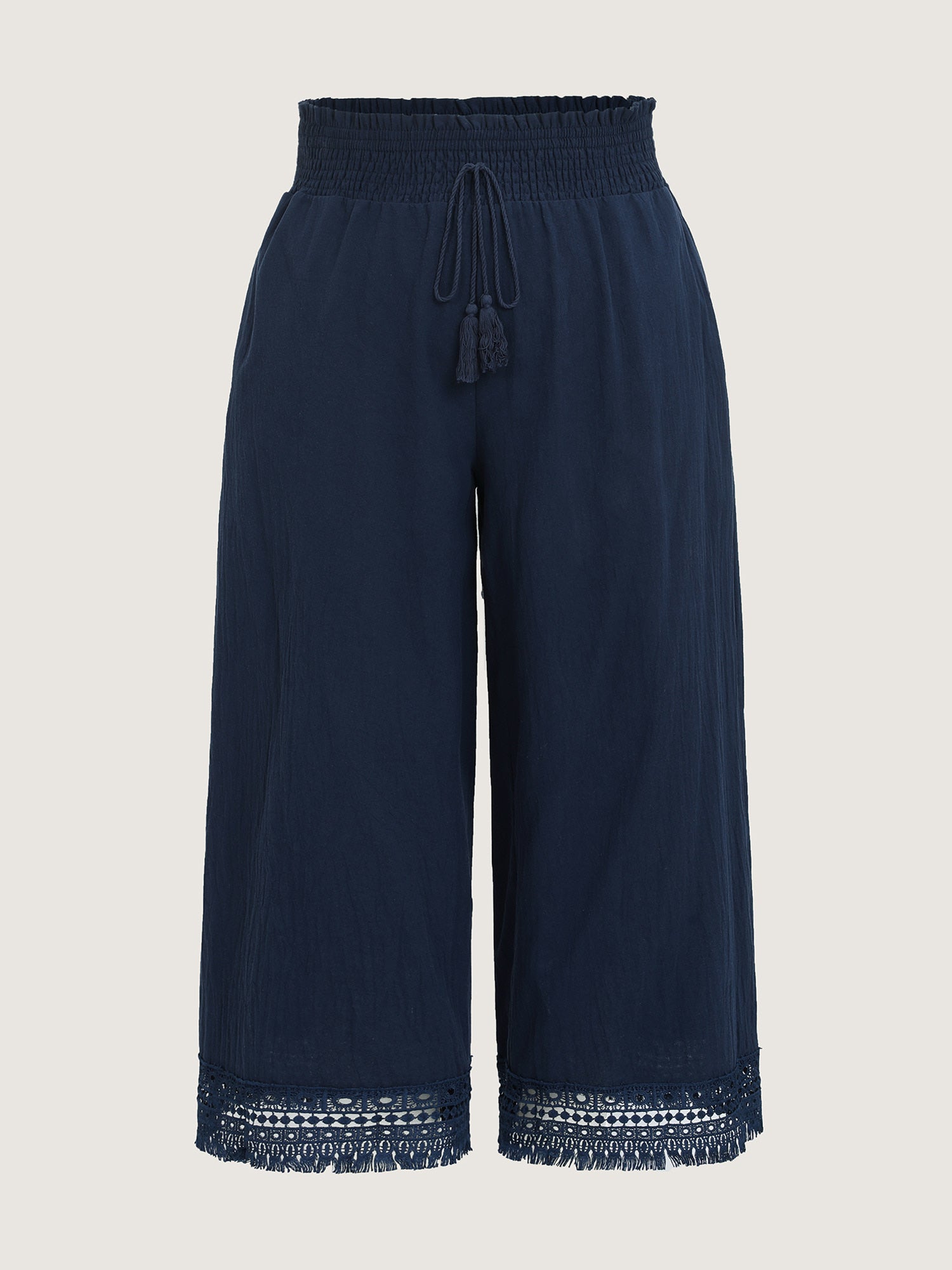 Cotton Wide Shirred Waistband Lace Hem Pants
