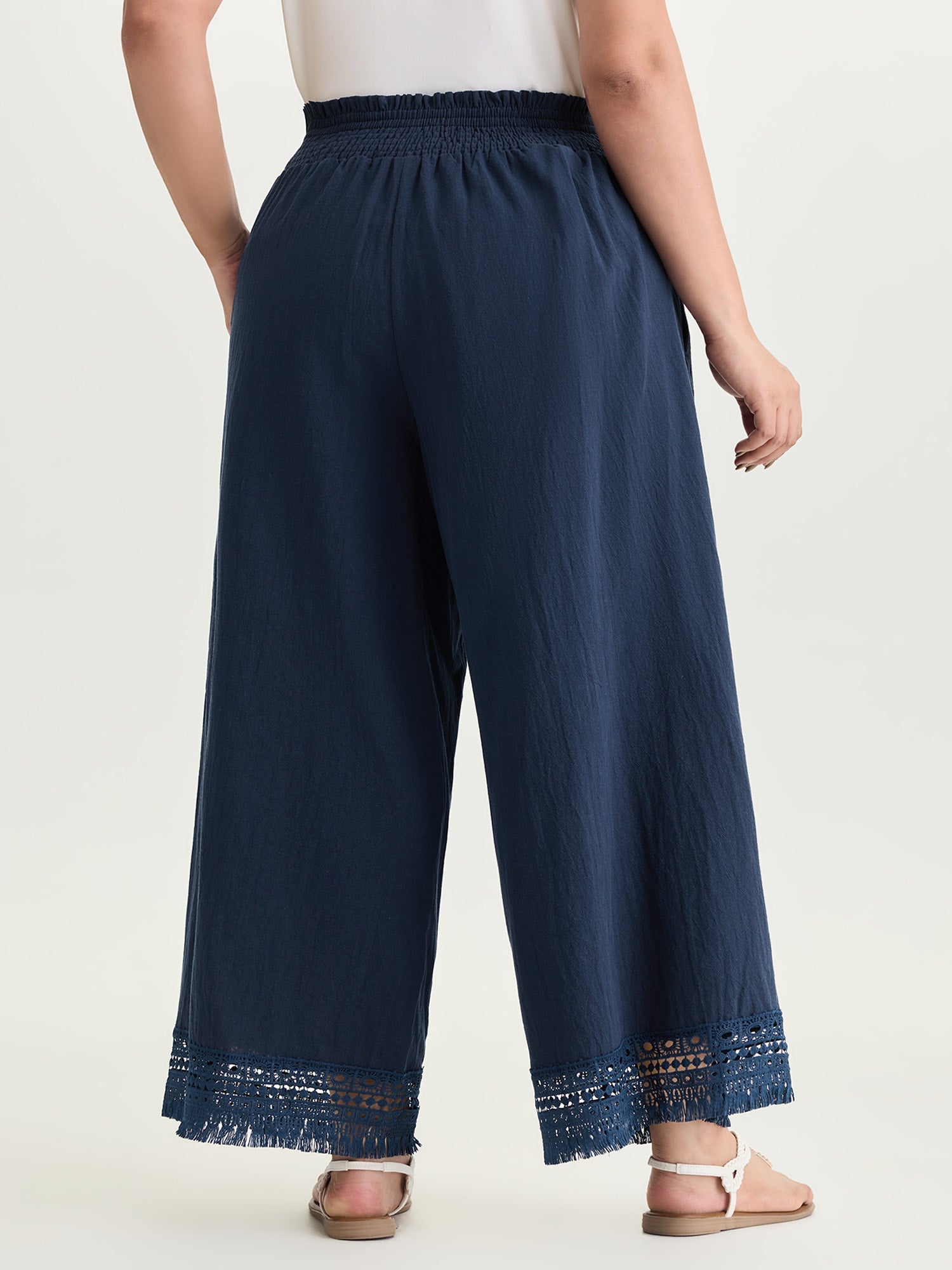 Cotton Wide Shirred Waistband Lace Hem Pants