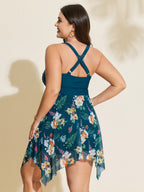 Floral Print Pockets Contrast Swim Dress