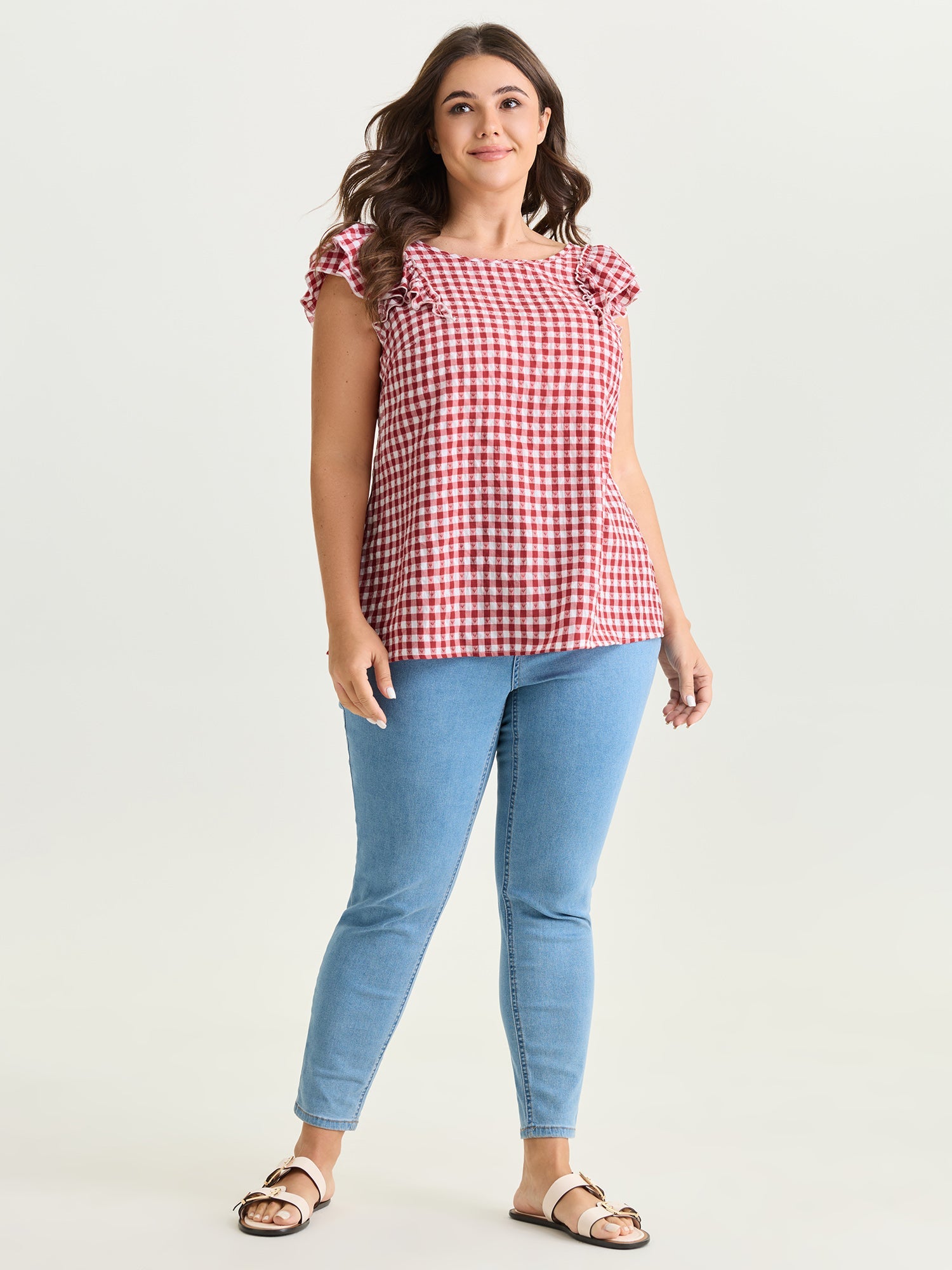 Gingham Print Layered Flutter Sleeve Blouse