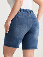 Stretchy Pull-On High Waist Pockets Denim Shorts