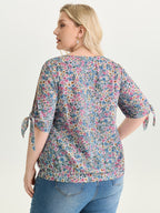 Floral Print Adjustable Sleeve Tie Blouse