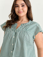 Cotton Check Print Ruffled Sleeve Blouse