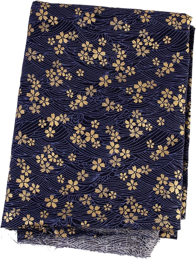 1 Yard59 Inch Blue Japanese Cotton Fabric Sakura Quilting Bundles Gold Cherry Blossoms and Waves Print for Sewing Clothing Bag Tablecloth Sofa Pillow DIY Craft