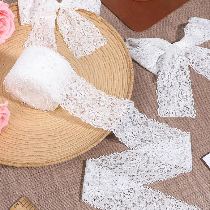 1 Roll White Lace Ribbon, 10 Yard x 2.36 Inches White Lace Fabric, Wide Laces Trim for Sewing, for Handmade Crafts, Sewing, Gift Wrapping, and Wedding Bridal Ceremonies