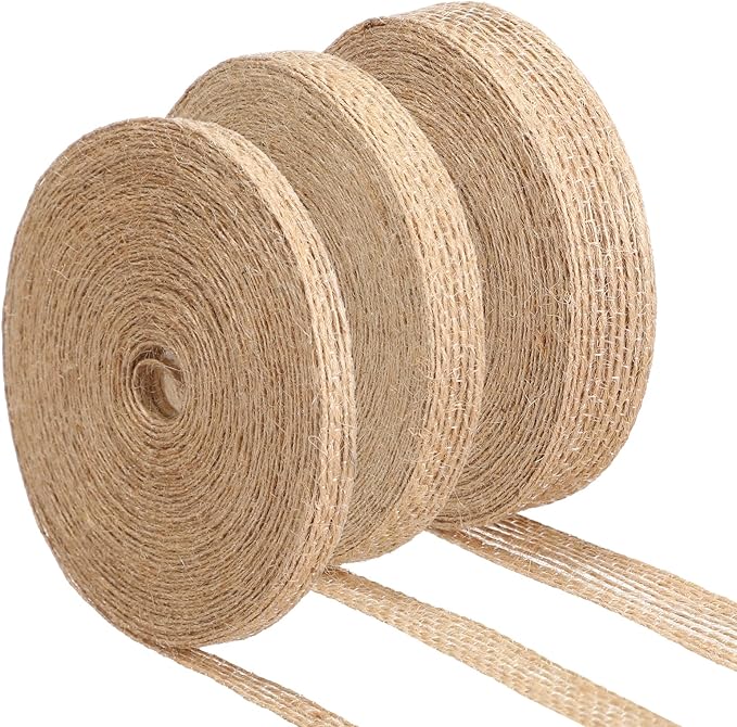 5 Rolls Natural Burlap Fabric Ribbon, 1/4 Inch Tan Jute Linen Ribbon Rolls Decorative Cloth Ribbons for Gift Wrapping, Christmas Party Decoration, DIY Crafts