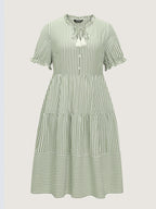 Striped Print Drawstring Tiered Maxi Dress