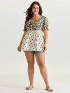 Floral Print Lace Neckline Flowy Blouse
